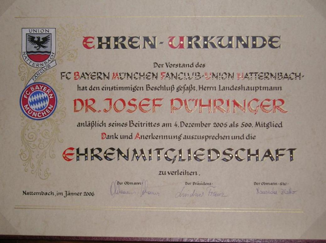 Ehrung unseres Landeshauptmannes Dr. Josef Pühringer als 500. Mitglied unseres Fanclubs