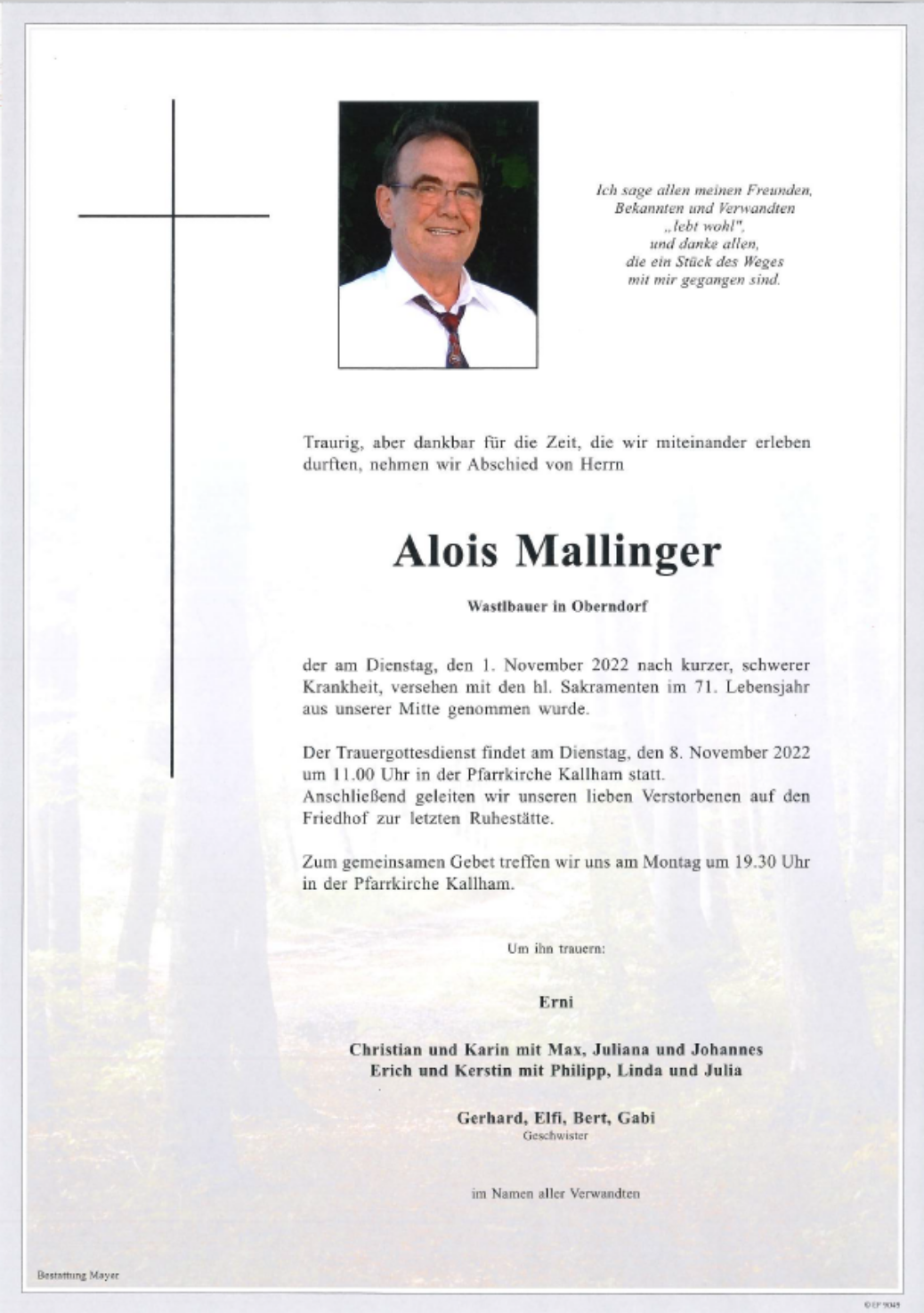 Wir trauern um unser Mitglied Alois Mallinger