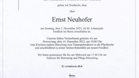 Wir trauern um unser Mitglied Ernst Neuhofer
